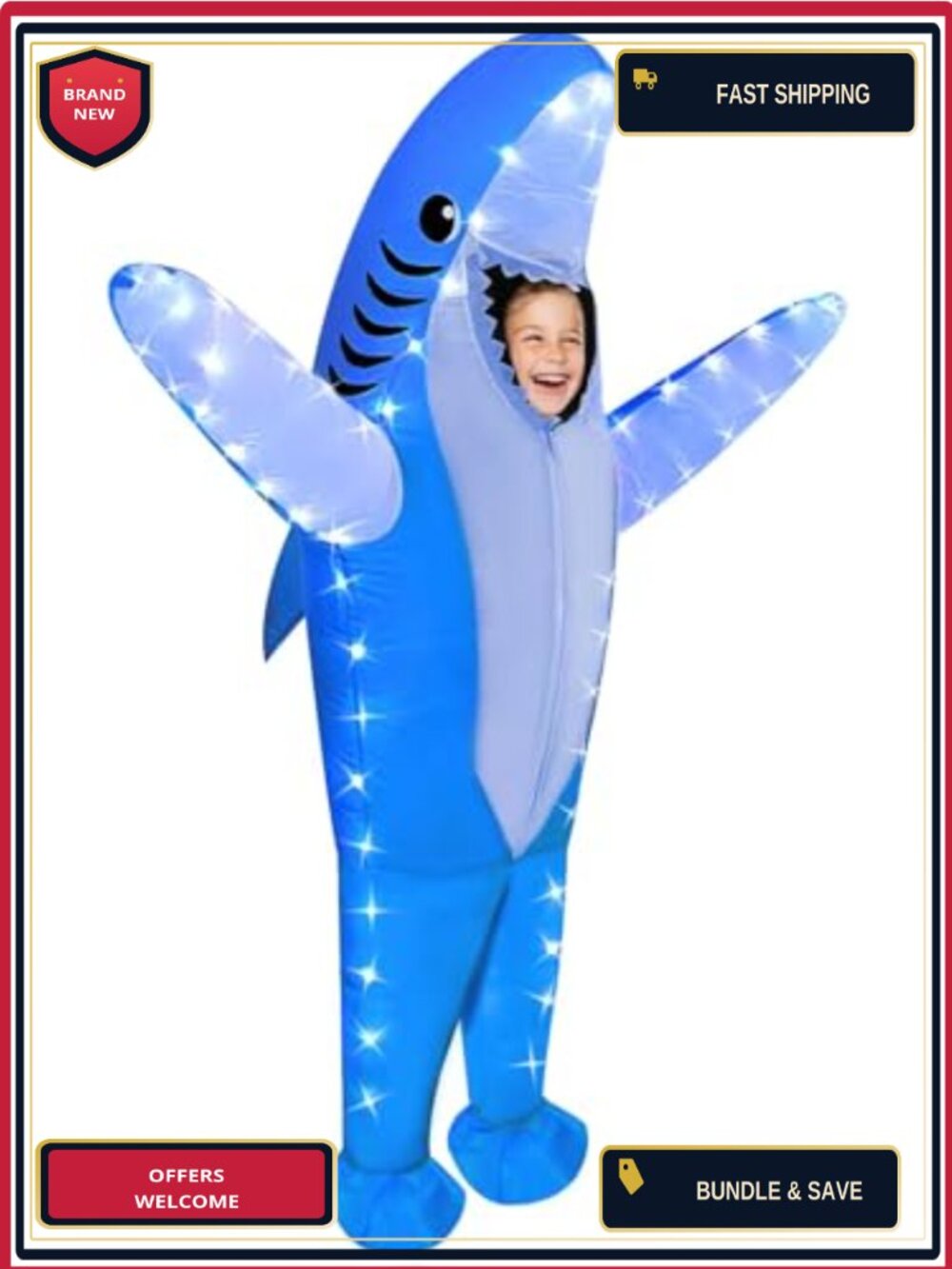Kids Inflatable Shark Costume LED Light Up Blow Up Halloween Cosplay Party
